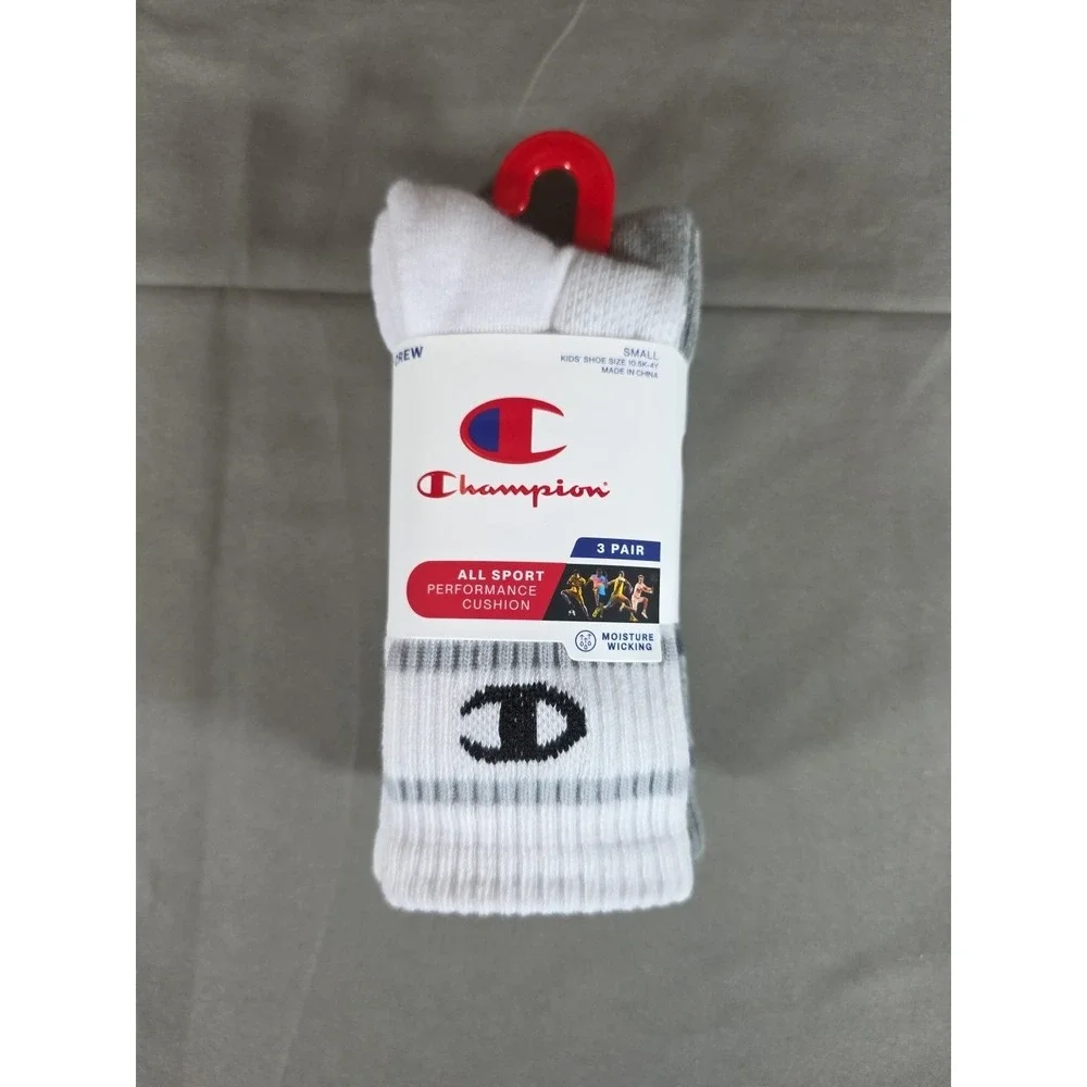 Champion Kids 3 Pair Crew Socks Sport Performance Cushion Small White Grey Black